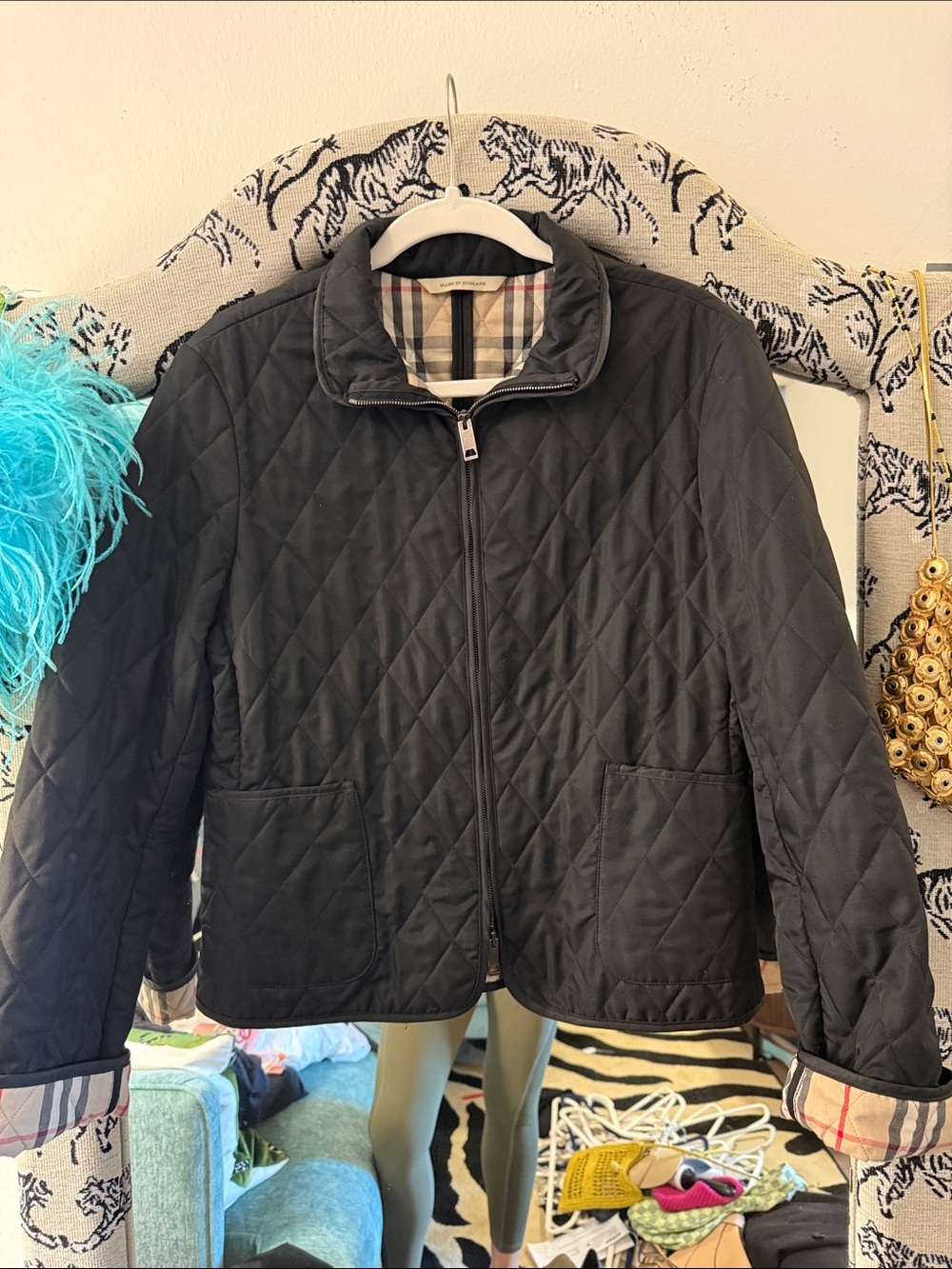 Burberry Black Quilted Zip-Front Jacket with Check Lining